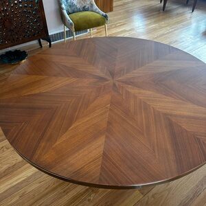 Anthropologie Quillen Marquetry Round 48” Walnut Pedestal Table